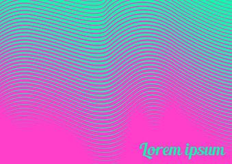 Horizontal abstract background with striped halftone pattern in fluorescent colors. A wavy texture of gradient line ornament. Design template of flyer, banner, cover, poster in A4 size. Vector 