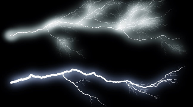 Set of lightings. Illustration of realistic lighting thunderbolt on black background. Summer thunder storm