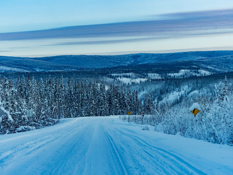 snow-covered asphalt highway amidst cypress forest,Yukon