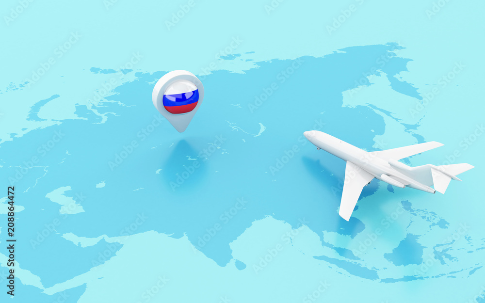 Poster 3d airplane flying and map pointer with russia flag.