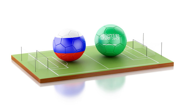 3d Soccer field with Russian and Saudi Arabia soccer ball.