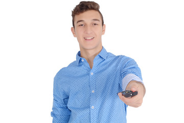 Close up of young man watchng tv