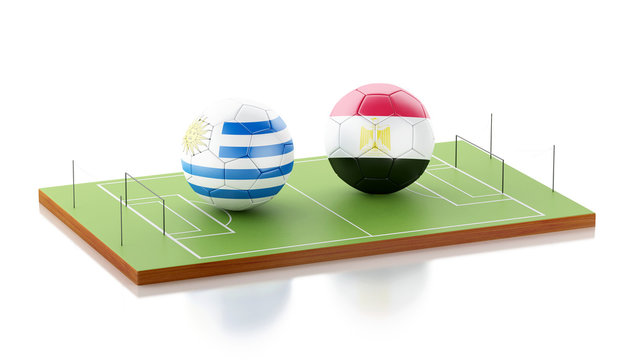 3d Soccer field with Uruguay and Egypt soccer ball.