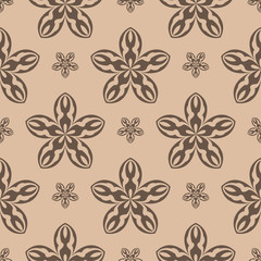 Brown floral ornament on beige background. Seamless pattern