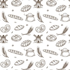 Bakery products, old mill and fresh spikes inside seamless pattern © Sonulkaster