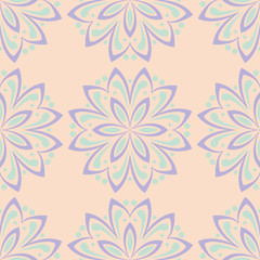 Fototapeta na wymiar Multi colored floral seamless pattern. Beige background with violet and blue flower elements