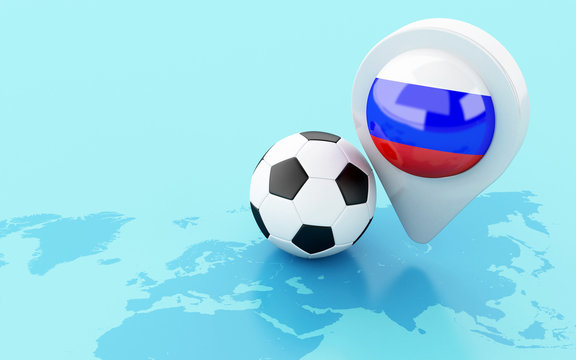 3d Soccer ball and Russia flag map pointer