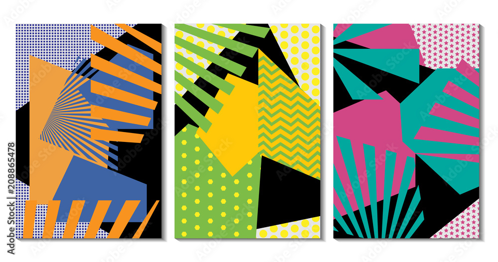 Poster colorful trendy geometric flat elements of pattern memphis. pop art style texture. modern abstract d