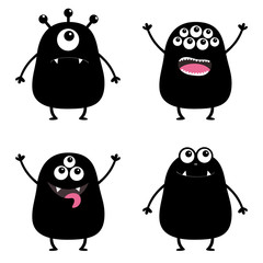 Black monster silhouette set. Cute cartoon scary character. Baby collection. Eyes, tongue, hands up. White background. Isolated. Happy Halloween card. Flat design. © worldofvector