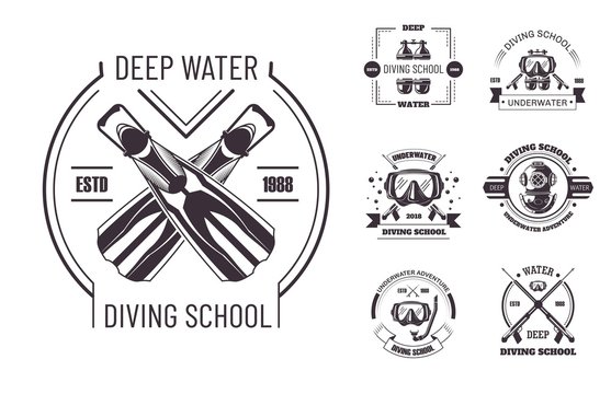 Diving school deep water promo monochrome emblems set