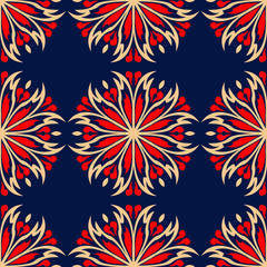 Blue seamless background. Floral beige and red pattern