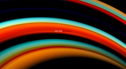 Fluid rainbow colors on black background, vector wave lines and swirls