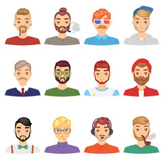 Beards vector portraite of bearded man with male haircut in barbershop and barbed mustache on hipsters face illustration set of people with barber hairstyle isolated on white background