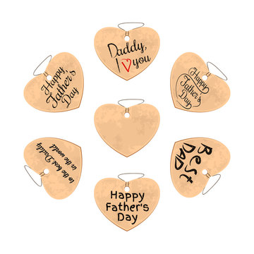 Fototapeta Set of cardboard hearts with congratulatory inscriptions to the Father's Day. Fathers Day design collection. Happy Fathers Day. I love you dad. Vector illustration isolated white background