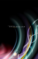 Color shiny light effects on black, liquid style multicolored wavy shape