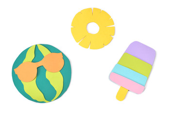 Summer set paper cut on white background - isolated