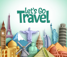 Travel and tourism vector background design with Let's go travel text and famous landmarks and tourist destinations elements in white background. Vector illustration.
