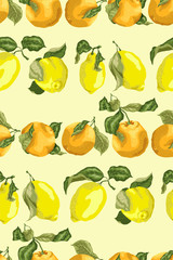 Seamless pattern with horizontal lines of juicy lemons and oranges, slices and circles in bright colors in realistic graphic vector illustration