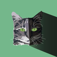 Flat graphic design Gray cat head vector tatoo with green eyes isolated on white background. Flat design vector 