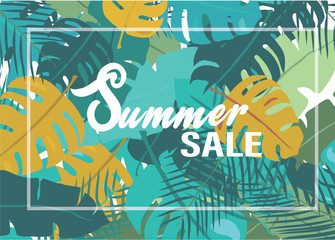 Tropical  leaves pattern abstract background with Summer Sale words, idea for banner and backdrop