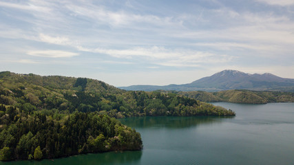 Fototapeta na wymiar aerial view from lake nojiri in nagano japan