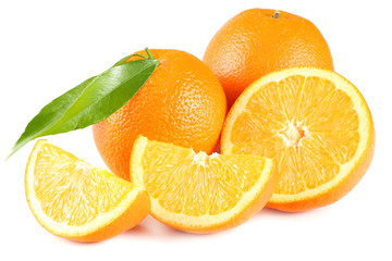 healthy food. orange with green leaf isolated on white background
