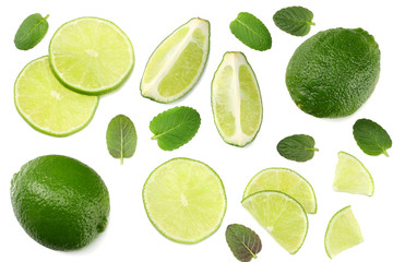 healthy food. lime with mint leaves isolated on white background top view