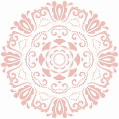 Oriental round pink pattern with arabesques and floral elements. Traditional classic ornament. Vintage pattern with arabesques