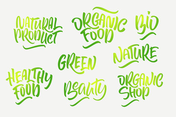 Lettering set for natural products. Handwritten logo fresh, Nature, organic food, natural cosmetics, farm food, Nature, Healthy food.