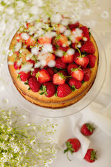 Homemade strawberry cake on a glass stand on the white background.