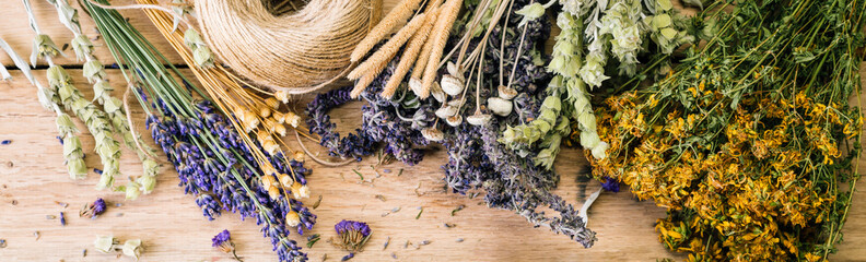 preparation of herbs, homeopathy, dried flowers, banner - obrazy, fototapety, plakaty