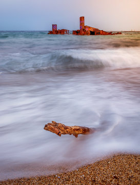 Long exposure shot of a shipwreck at Epanomi beach near Thessaloniki Greece