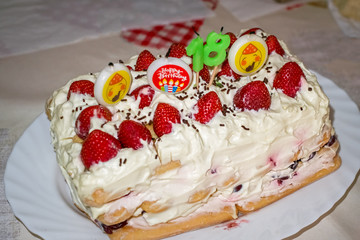 cake with fruit biscuits and whipped cream
