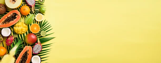 Foto auf Glas Exotic fruits and tropical palm leaves on pastel yellow background - papaya, mango, pineapple, banana, carambola, dragon fruit, kiwi, lemon, orange, melon, coconut, lime. Banner. Top view. © jchizhe