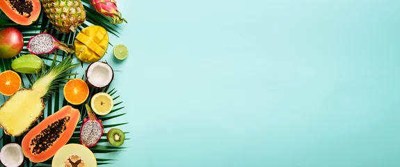 Fotobehang Exotic fruits and tropical palm leaves on pastel turquoise background - papaya, mango, pineapple, banana, carambola, dragon fruit, kiwi, lemon, orange, melon, coconut, lime. Banner. Top view. © jchizhe