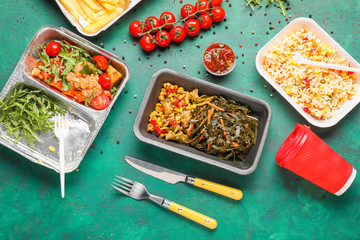 Containers with different products on textured table. Food delivery service