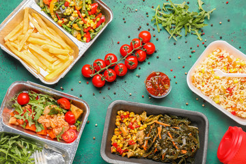 Containers with different products on textured table. Food delivery service