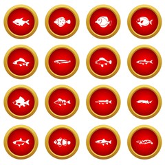 Cute fish icon red circle set isolated on white background