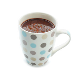 Cup of hot chocolate on white background