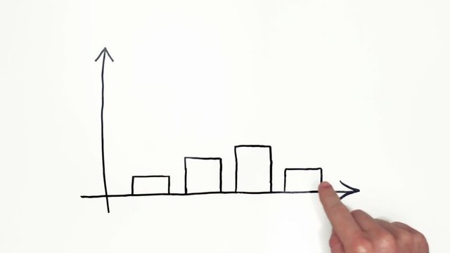 Male hand draws graph on a white board and controls columns by finger. Stop motion animation.