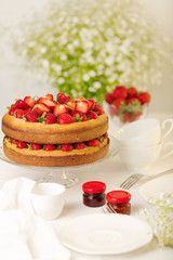 Homemade strawberry cake on a glass stand on the white background.