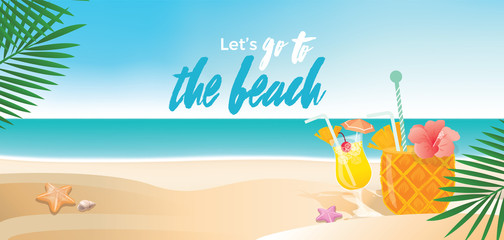 Fototapeta na wymiar Summer beach background with refreshing drinks, panoramic banner