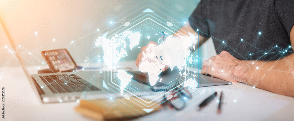 Poster graphic designer using digital world map interface 3d rendering