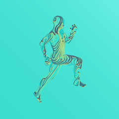 Running man. Emblem for marathon and jogging. 3d model of man. Vector Illustration. Wire connection to virtual reality.