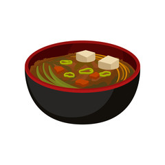 Delicious miso soup in black bowl. Traditional Japanese dish. Flat vector element for promo poster, cafe or restaurant menu