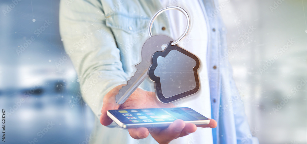 Poster man holding a key and house 3d rendering