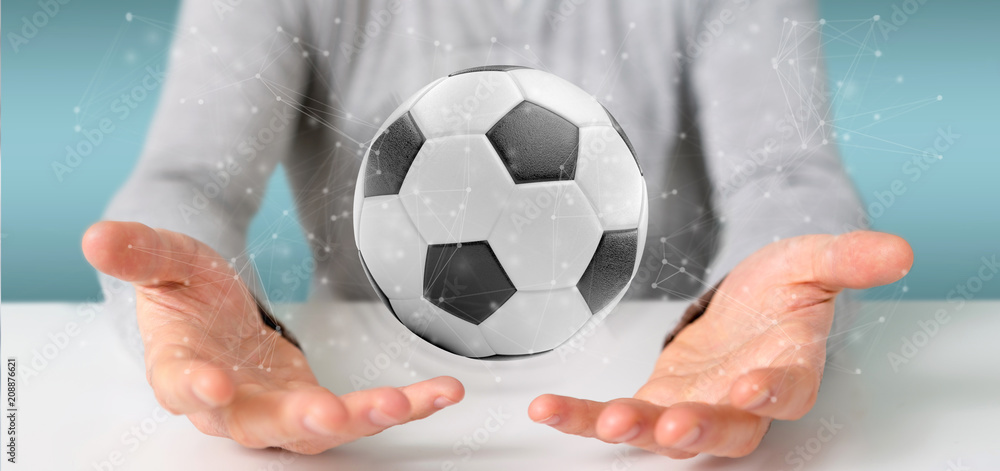 Poster man holding a football ball and connection isolated 3d rendering