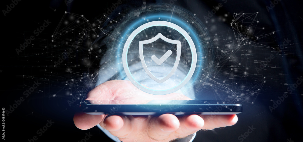 Poster man holding a shield web security concept 3d rendering