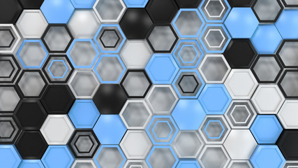 Abstract 3d background made of black, white and blue hexagons on white background