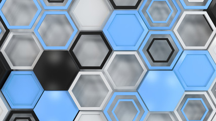 Abstract 3d background made of black, white and blue hexagons on white background